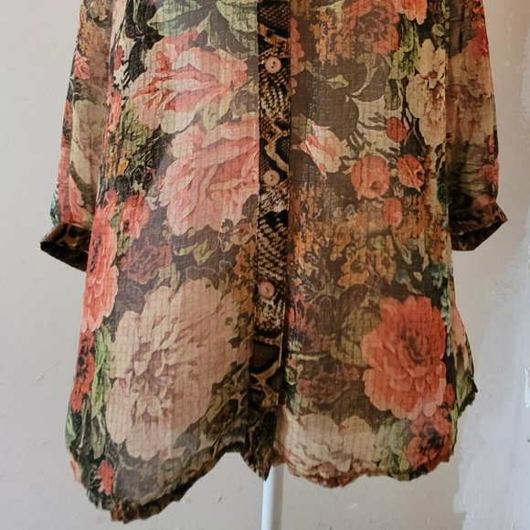 Figueroa & Flowers Rose & Snake Print Sheer Lace Brown Button Front Top Medium - Picture 2 of 3